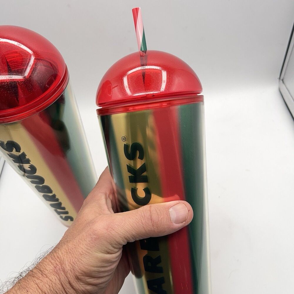 Starbucks 2024 Metallic Red, Green & Gold Stripe Cold Cup - Set Of 2 - Picture 13 of 16